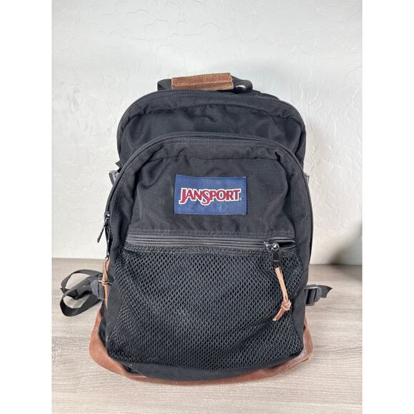 Jansport Brown Leather Suede Bottom Backpack Mesh Front Pocket Black 90s - Picture 1 of 7